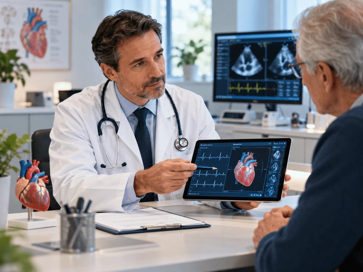 Cardiologue présentant des résultats d’examen sur une tablette à un patient lors d’une consultation en cabinet