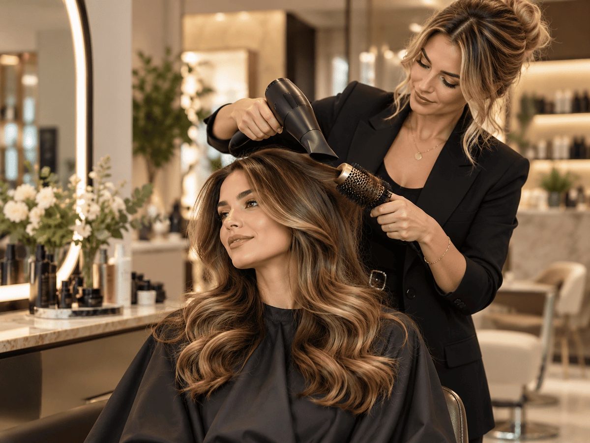 Coiffeuse réalisant un brushing sur de longs cheveux châtains à reflets devant un grand miroir de salon