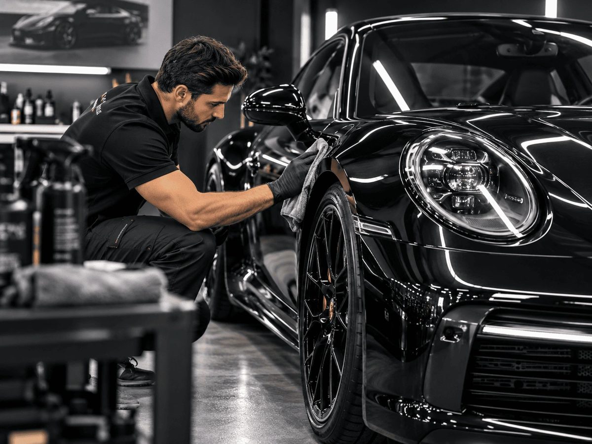 Technicien lustrant la carrosserie d’une voiture noire dans un atelier de nettoyage et de préparation automobile