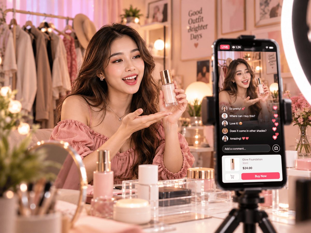 Conseillère beauté présentant un fond de teint en direct depuis son téléphone lors d’un live shopping