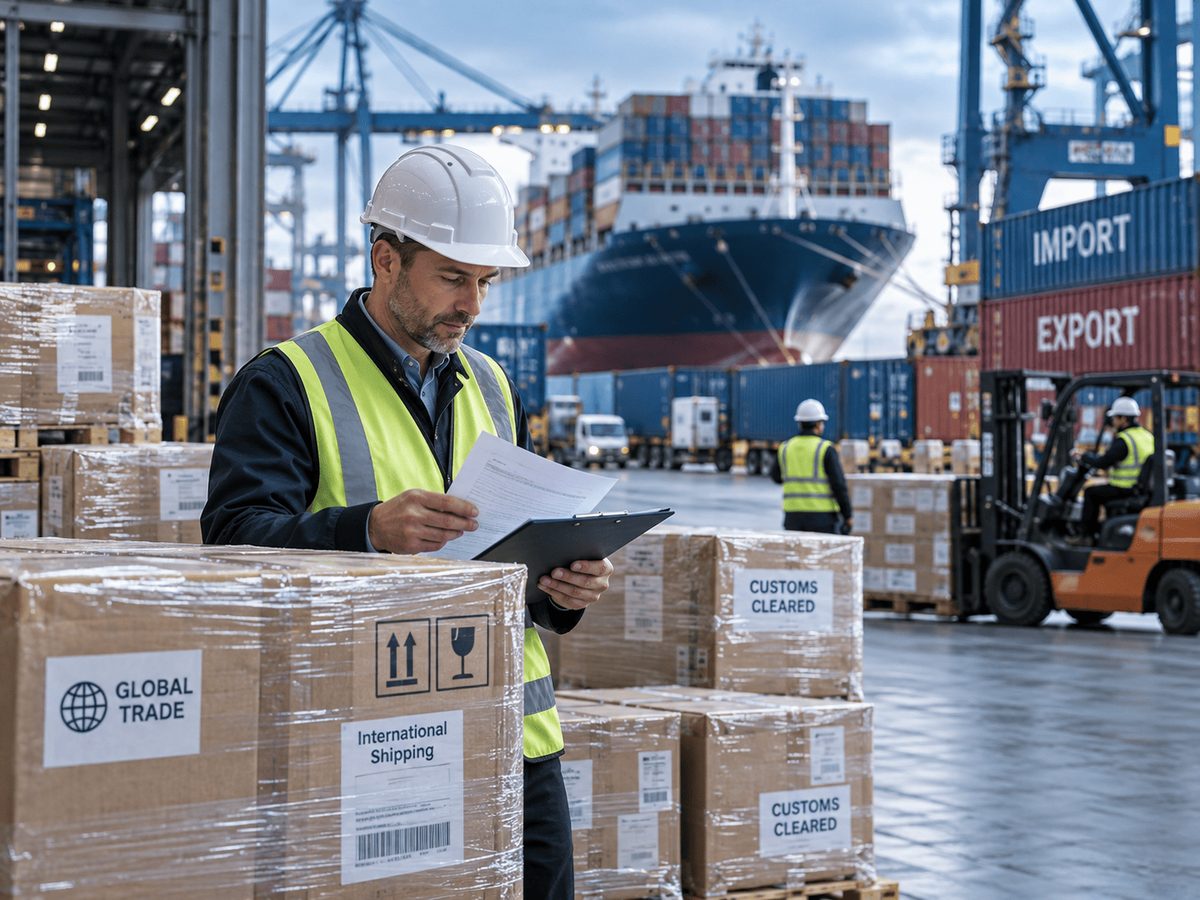 Responsable logistique contrôlant des colis prêts à l’expédition sur un quai de port, avec un porte-conteneurs en arrière-plan