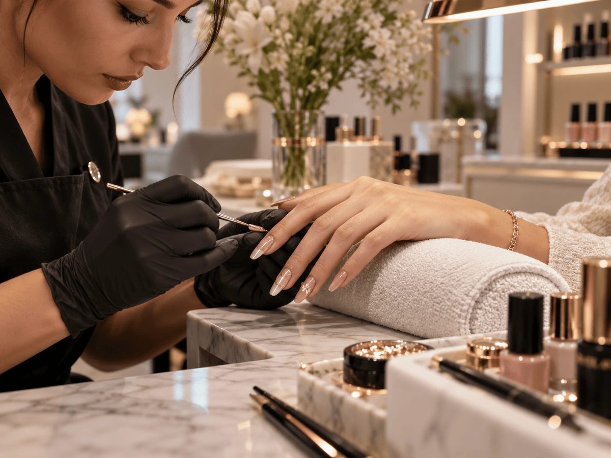 Prothésiste ongulaire posant un nail art sur de longs ongles, avec vernis et pinceaux sur un plan de travail en marbre