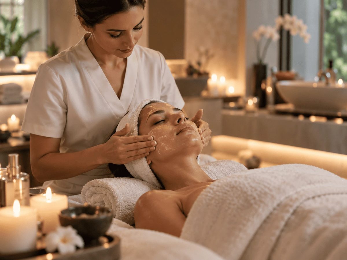 Praticienne réalisant un massage du visage sur une cliente allongée dans un spa aux bougies, serviette enroulée sur la tête